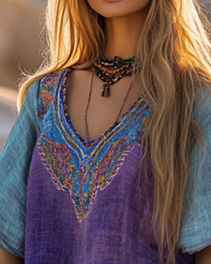 Dame Vestlig bluse Boho skjorte Bluse Blomsternål i krystall Moderne Bohem Kortermet V-hals Vanlige topper Daglig Ut på byen Trykt mønster Lilla Sommer 2025 - $21.99 –P2