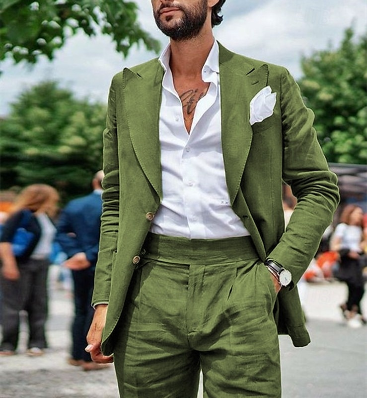 Men's Wedding Summer Linen Suits Black Sky Blue Solid Colored Tailored Fit 2 Piece Single Breasted Two-buttons 2025 - $116.99 –P1