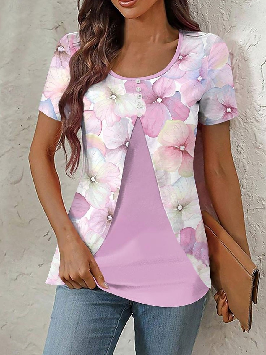 Dame T skjorte Blomstret Grafisk Elegant Stilfull Kortermet Crew-hals Rund hals Vanlige topper Daglig Ut på byen Lapper Knapper Lag-på-lag Rosa Blå Grønn Sommer Vår 2025 - $23.99 –P1