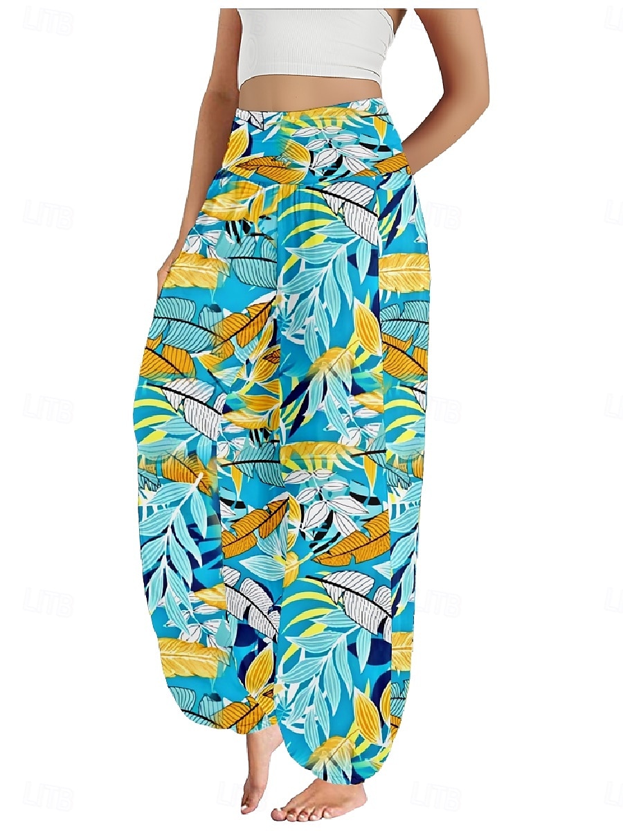 Dam Linneinspirerade byxor Brett skaft Byxor Etnisk Stil Ledigt Boho Fullängd Hög midja Blommig Löv Tropisk Ficka Elastisk midja Tryck Mateial som andas Mjuk Microelastisk Utomhus Yoga Svart Vit 2025 - $21.99 –P16