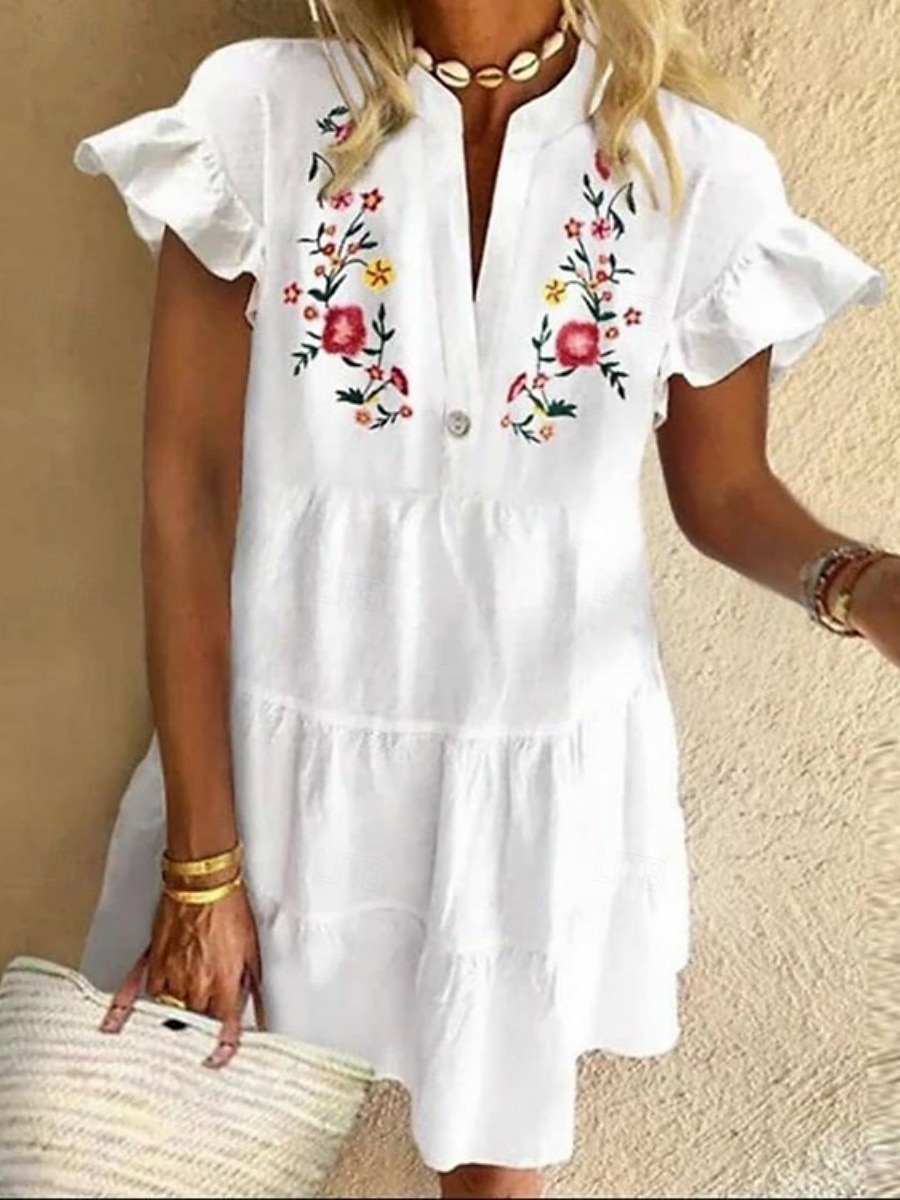 Femmes Mini Robe Robe Décontractée Robe Fleurie Robe d'été Mode Moderne Quotidien Plage Week-end Coupe régulière Fleuri Manche 3/4 Col en V Noir Blanche Jaune Rouge Été de 2025 ? $19.99 –P4