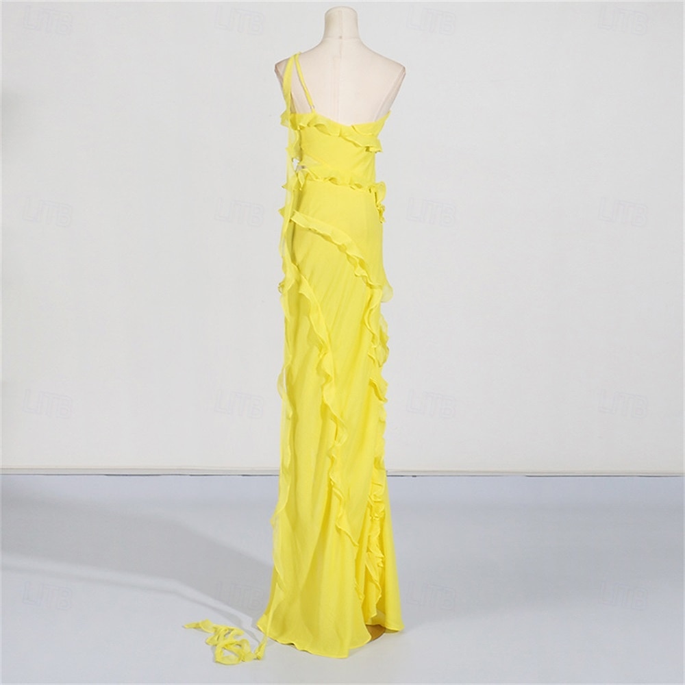 Mermaid / Trumpet Yellow Dresses Ruffle Dress Semi Formal Wedding Guest Dress Asymmetrical Sleeveless One Shoulder with Slit 2025 - $99.99 –P7