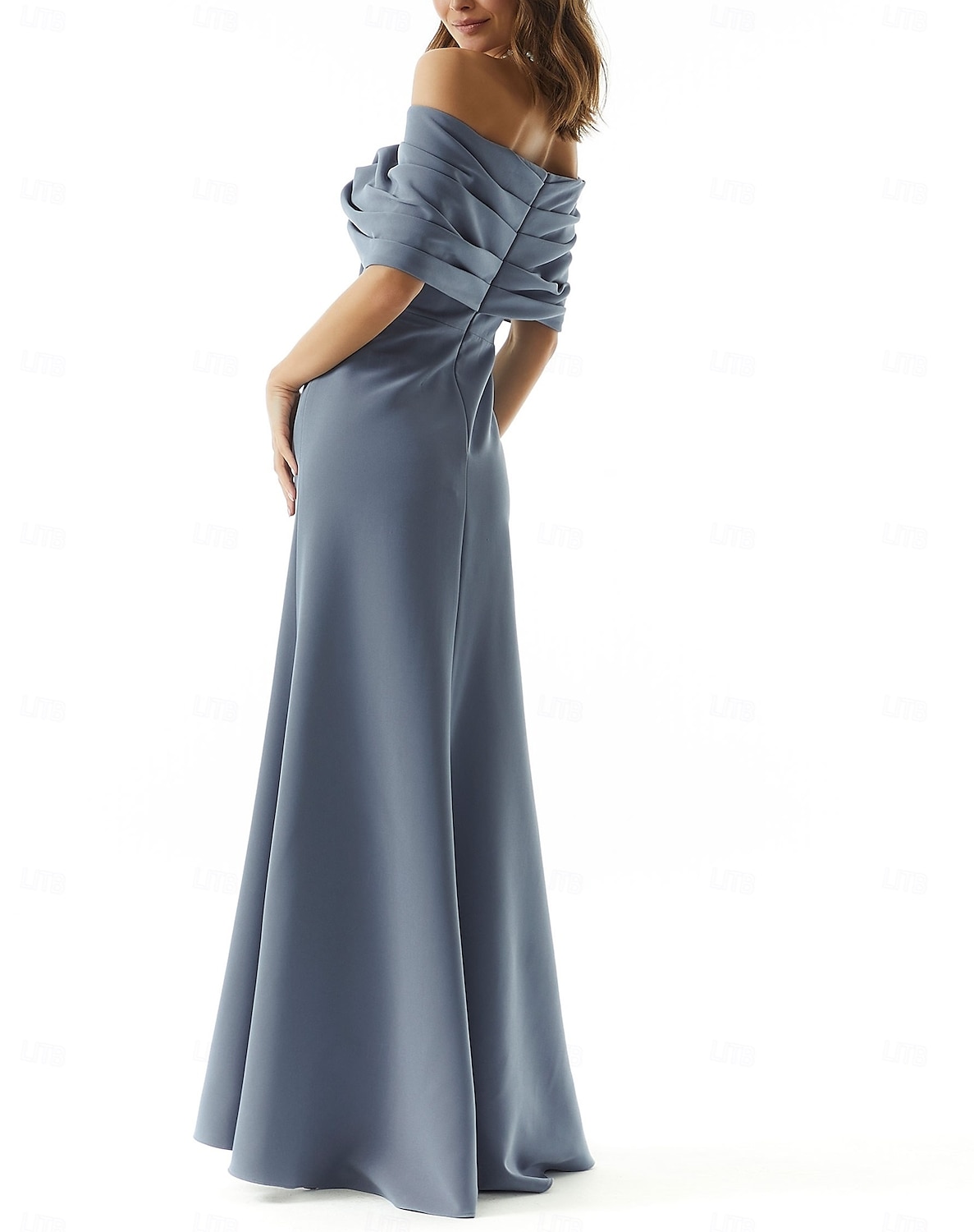 Robe de soirée sirène rose bleue élégante Robe formelle longueur de sol sans manches épaules dénudées crépon extensible avec nœud(s) ruché de 2025 ? $134.99 –P2