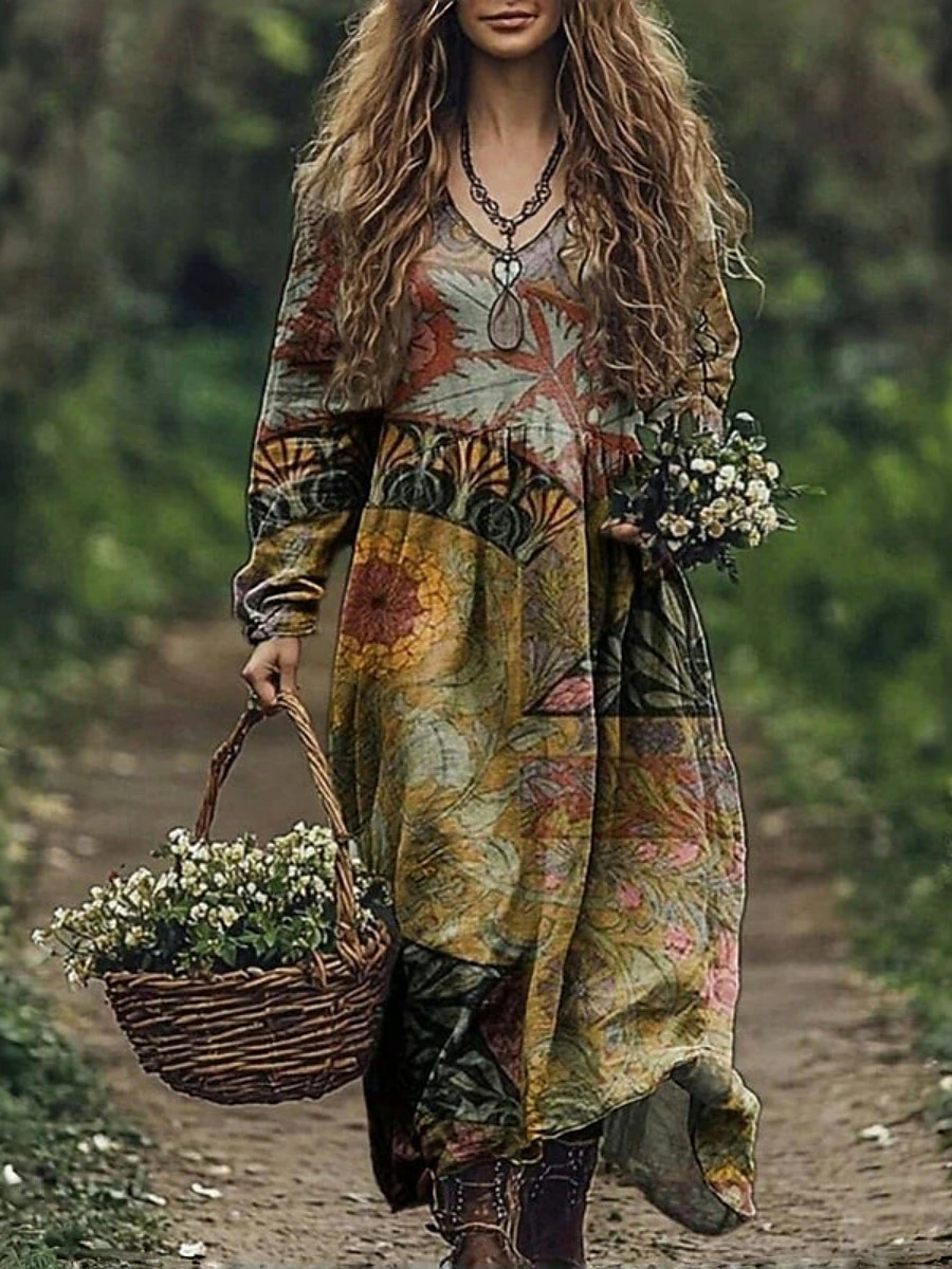 Damskie Długa sukienka sukienka maxi Codzienne sukienki Letnie sukienki Sukienka Boho Plemienny Urlop Codzienny Regularny Kwiaty Długi rękaw W serek Czarny Rumiany róż Burgundowy Niebieski Lato 2025 - $22.99 –P9