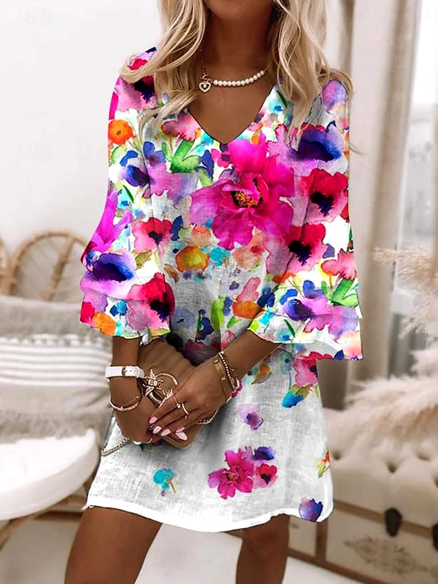 Dam Mini klänning Solklänning A linjeklänning Semester Ledigt Boho Strand Normal Nyans Blommig Grafisk 3/4 ärm V-hals Colourful Sommar Vår 2025 - $46.99 –P1