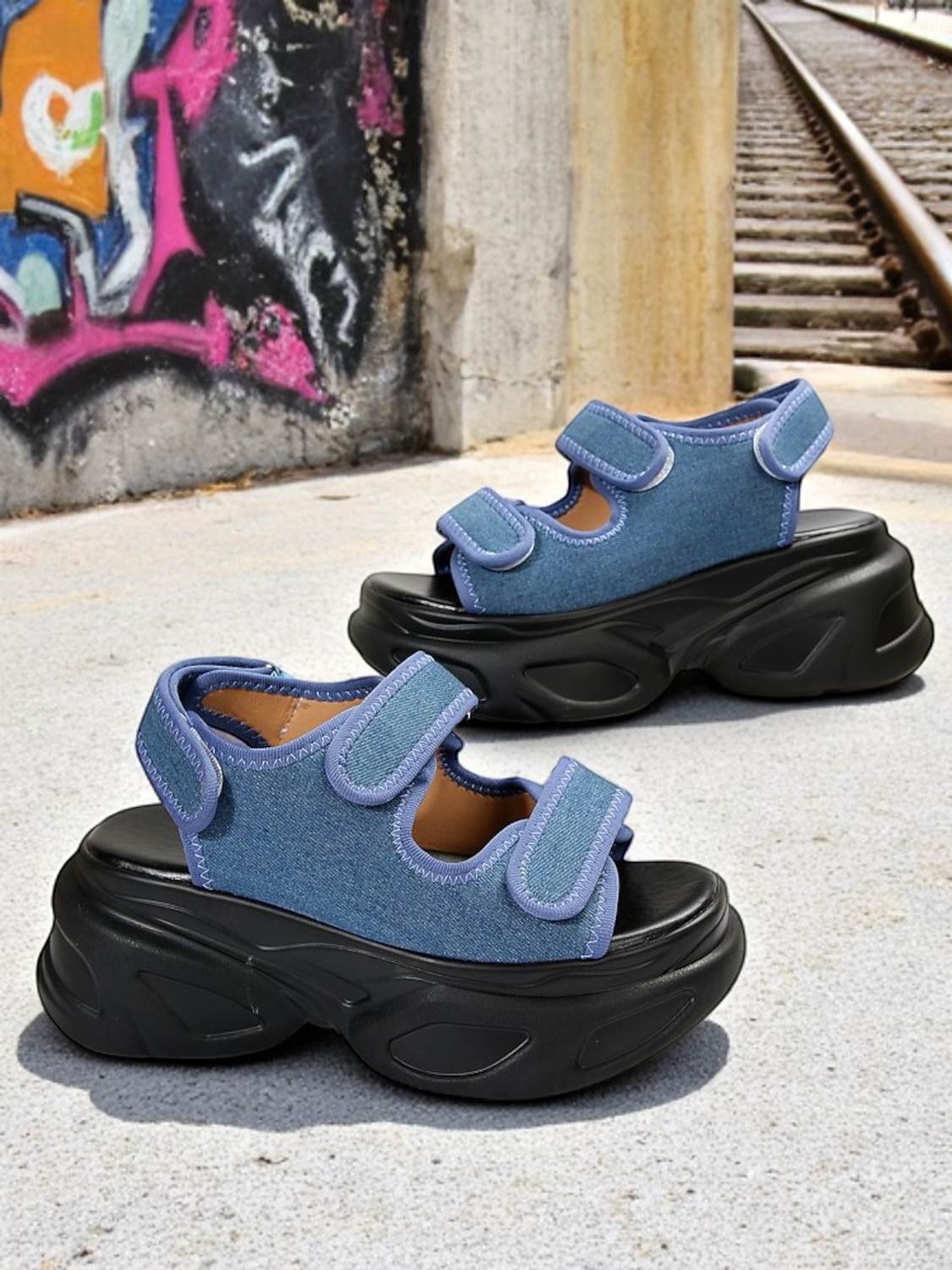 damskie sandały na grubej platformie z denimu – sportowe buty na koturnie z paskiem na rzep na festiwale i miejski styl uliczny 2025 - $29.99 –P2