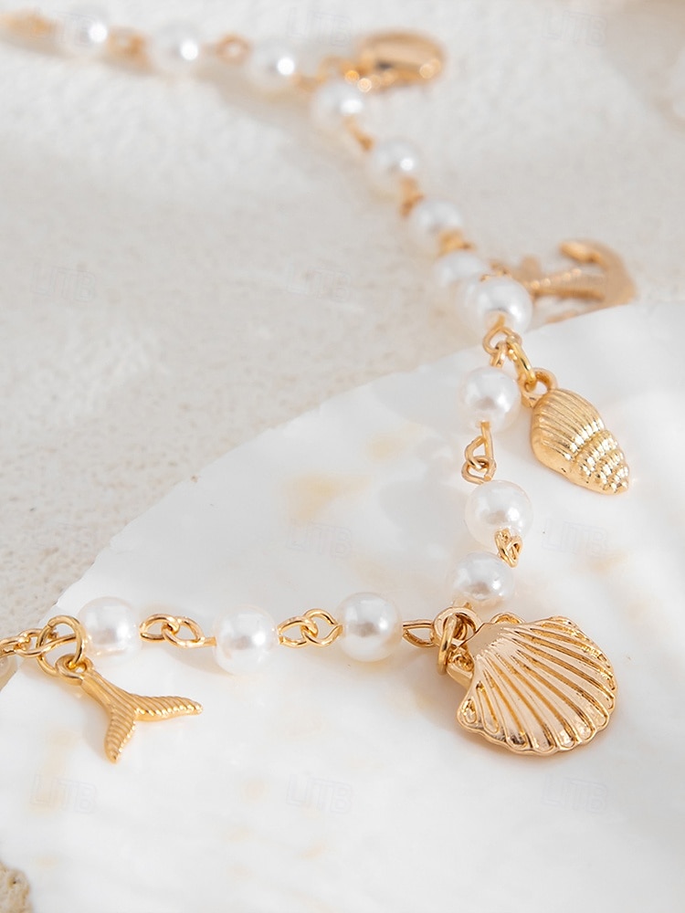 Women's Pearl Beaded Necklace with Gold Sea Charms – Nautical Beach Jewelry for Summer Vacation and Resort Wear 2025 - $9.99 –P6
