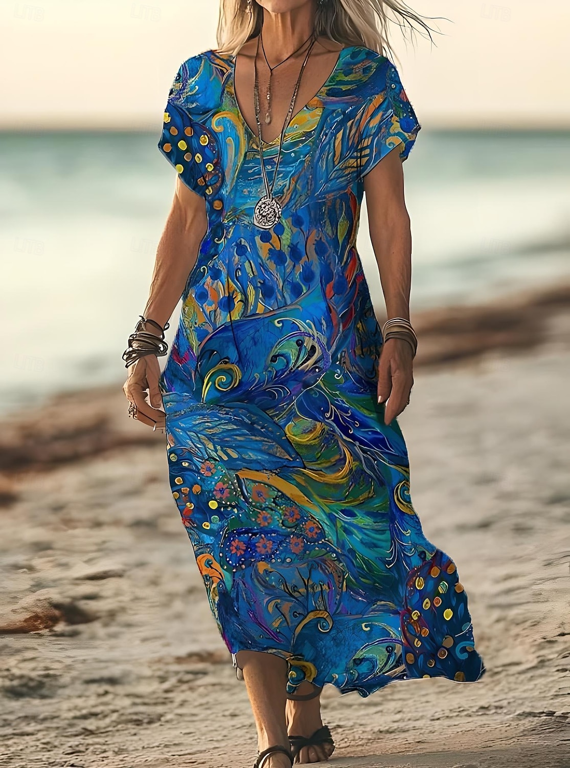 Femmes Robe Midi Robe d'Été Robe trapèze Vacances Occasionnel Boho Sortir Plage Coupe Standard Fleuri Graphique Manche Courte Col en V Bleu Ciel Bleu de minuit Bleu paon Été Printemps de 2025 ? $28.99 –P3