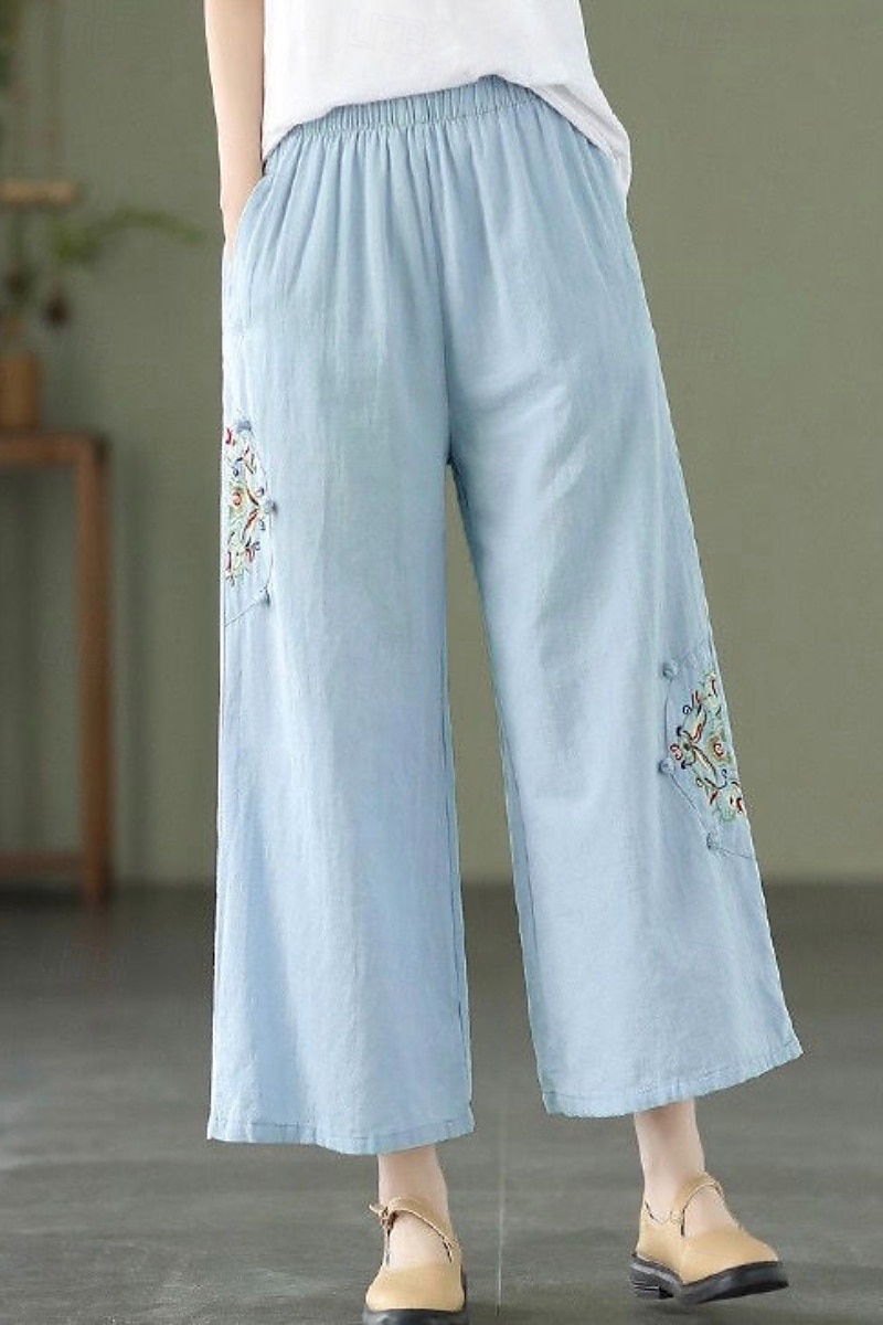 Per donna Pantaloni in cotone e lino Moda Streetwear Lunghezza intera Naturale Floreale Ricamato Tasca Elastico in vita Comodo All'aperto Confortevole All'aperto Vacanza Ferie Aalbicocca Blu cielo del 2025 a $22.99 –P7