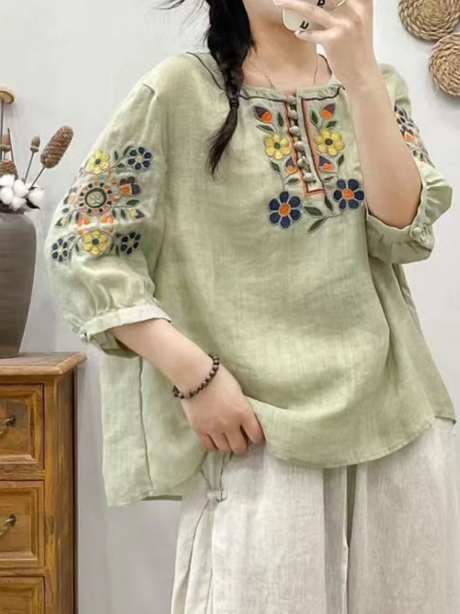 Femmes Chemise Fleuri Élégant Occasionnel Manche 3/4 Col ras du cou Hauts Réguliers Quotidien Broderie Vert Claire Rose Claire Fuchsia Abricot Bleu clair Été Printemps de 2025 ? $19.99 –P10