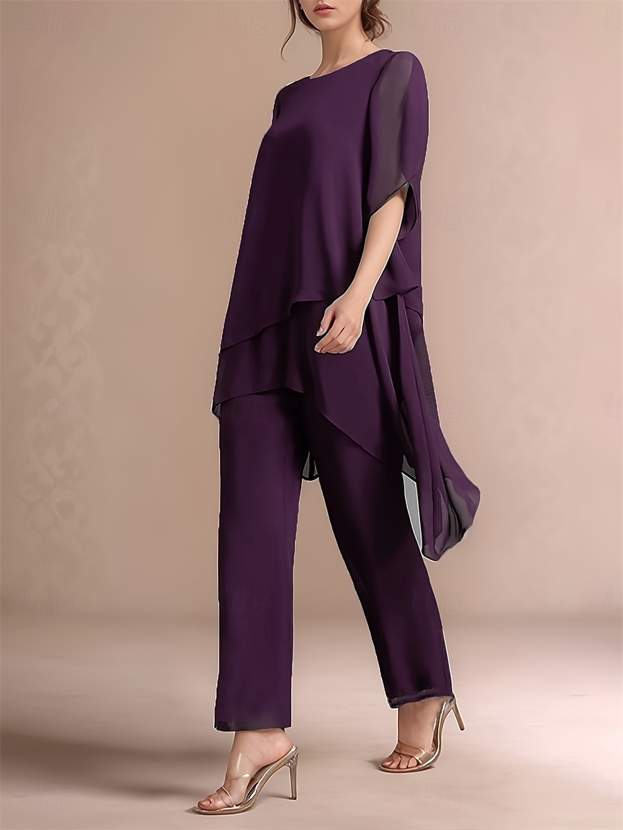 Ensemble de pantalon 2 pièces robe de mère de la mariée classique à col rond élégante en chiffon asymétrique à manches courtes avec une couleur unie de 2025 ? $79.99 –P6