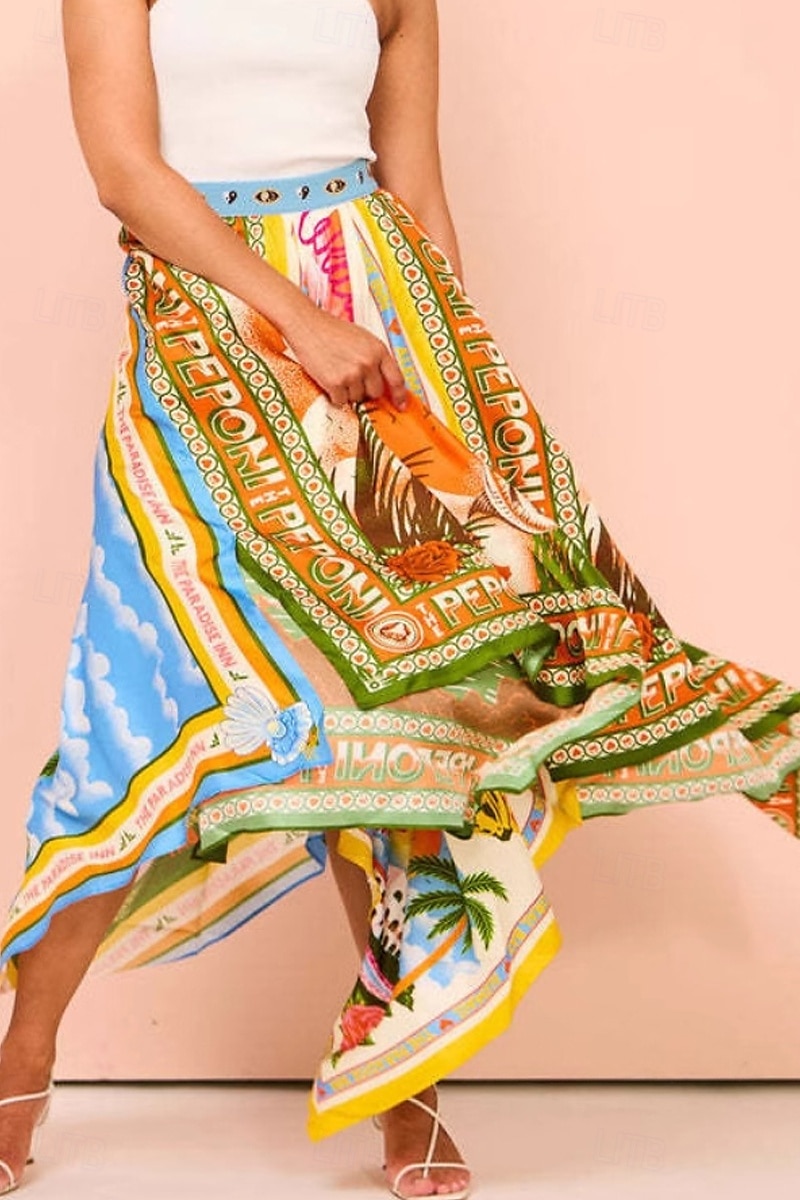 Damen Rock Lässig Boho Maxi Mittlere Hüfthöhe Röcke Blumen Druck Asymmetrischer Saum Mikroelastisch Straße Ausgehen Grün Sommer Polyester 2025 - $22.99 –P4