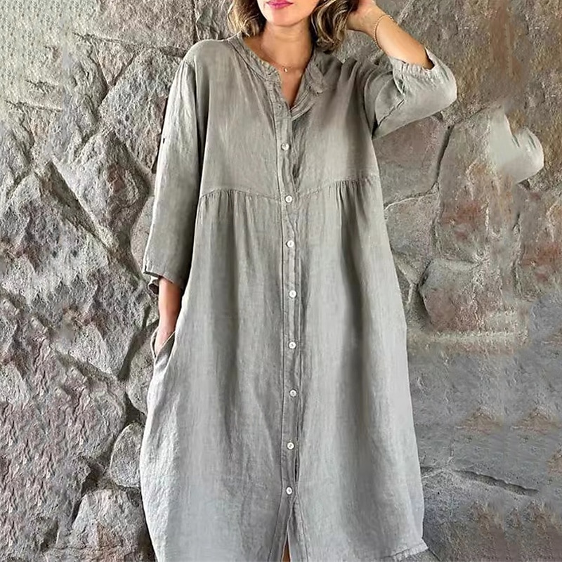 Damen Midikleid Baumwoll-Leinen-Kleider Freizeitkleid Mode Outdoor Party Ferien Normale Passform Einfach Dreiviertelarm V Ausschnitt Weiß Gelb Grau Sommer 2025 - $36.99 –P1
