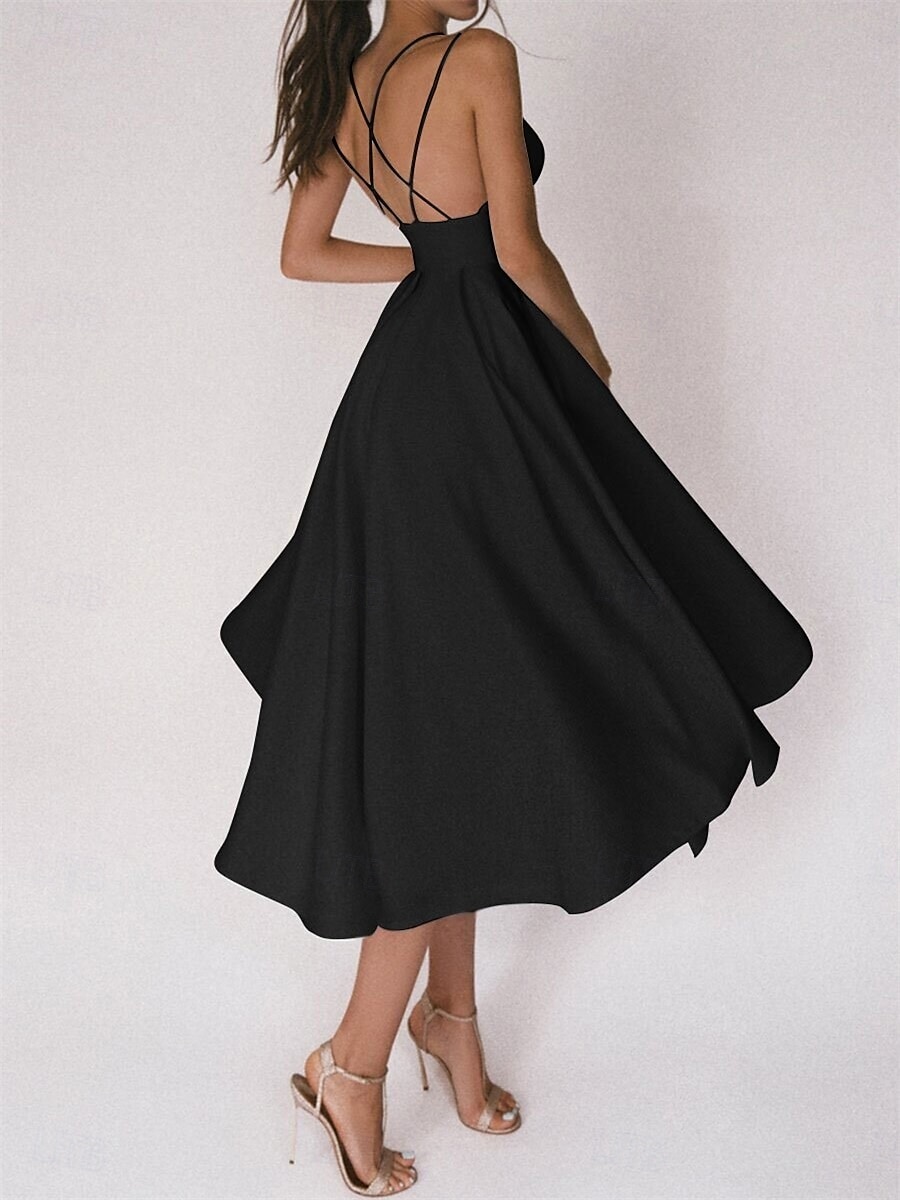 Hochzeitskleider A-Linie V Ausschnitt Ärmellos Tee-Länge Satin Brautkleider Mit Einfarbig 2025 2025 - $79.99 –P6