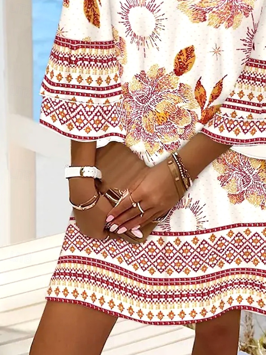 Pentru femei Rochie Mini Rochie de Vară Rochie A line Vacanță Casual Boho Plajă Fit regulat Floral Grafic Lungime Manșon 3/4 În V Portocaliu Vară Primăvară 2025 - $46.99 –P3