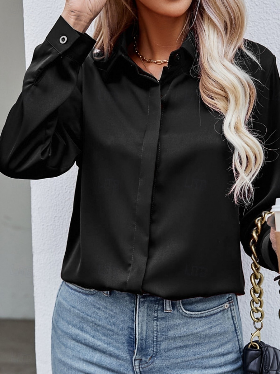 Camicia da Donna Blusa Button Down Colore Pieno Elegante Casual Manica Lunga Camicia Button Down Blusa Colletto Regular Tops Giornaliera Bottoni Nero Bianco Vino Blu Cielo Estate Primavera del 2025 a $19.99 –P7