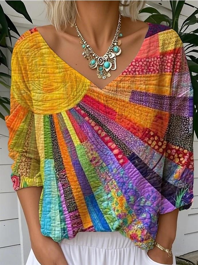 Dames Blouse Grafisch Geometrisch Gestreept Elegant Tropisch Dagelijks 3/4 mouw V-hals Normale tops Dagelijks Zwart blauw Regenboog Zomer Lente 2025 - $24.99 –P3
