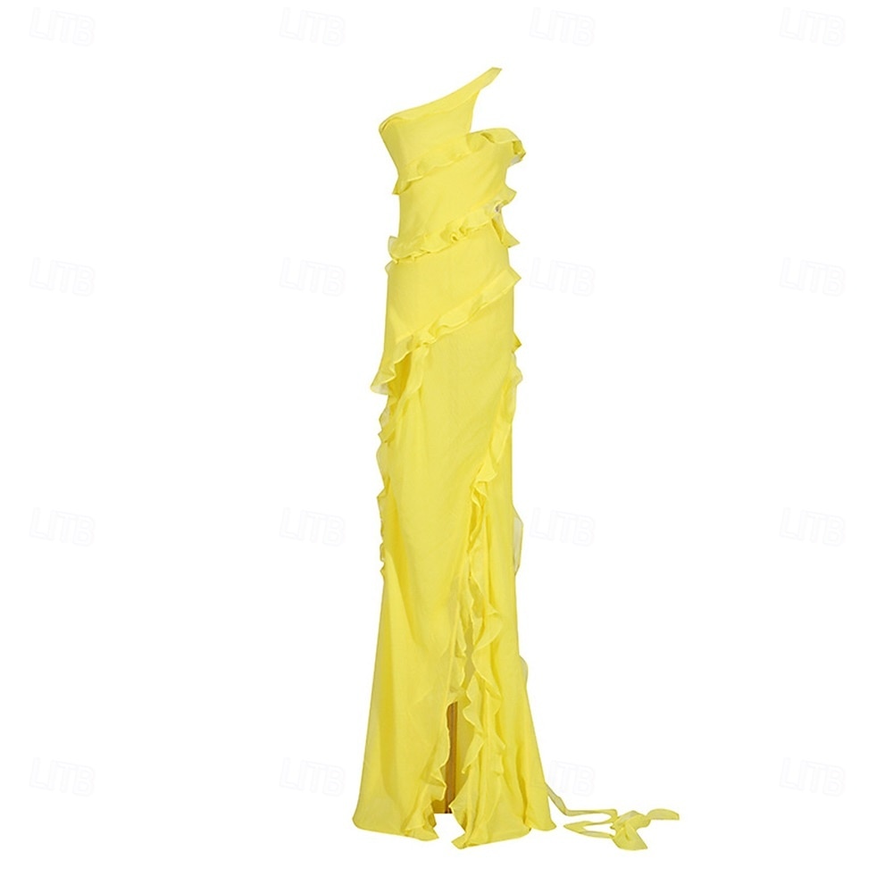 Mermaid / Trumpet Yellow Dresses Ruffle Dress Semi Formal Wedding Guest Dress Asymmetrical Sleeveless One Shoulder with Slit 2025 - $99.99 –P8