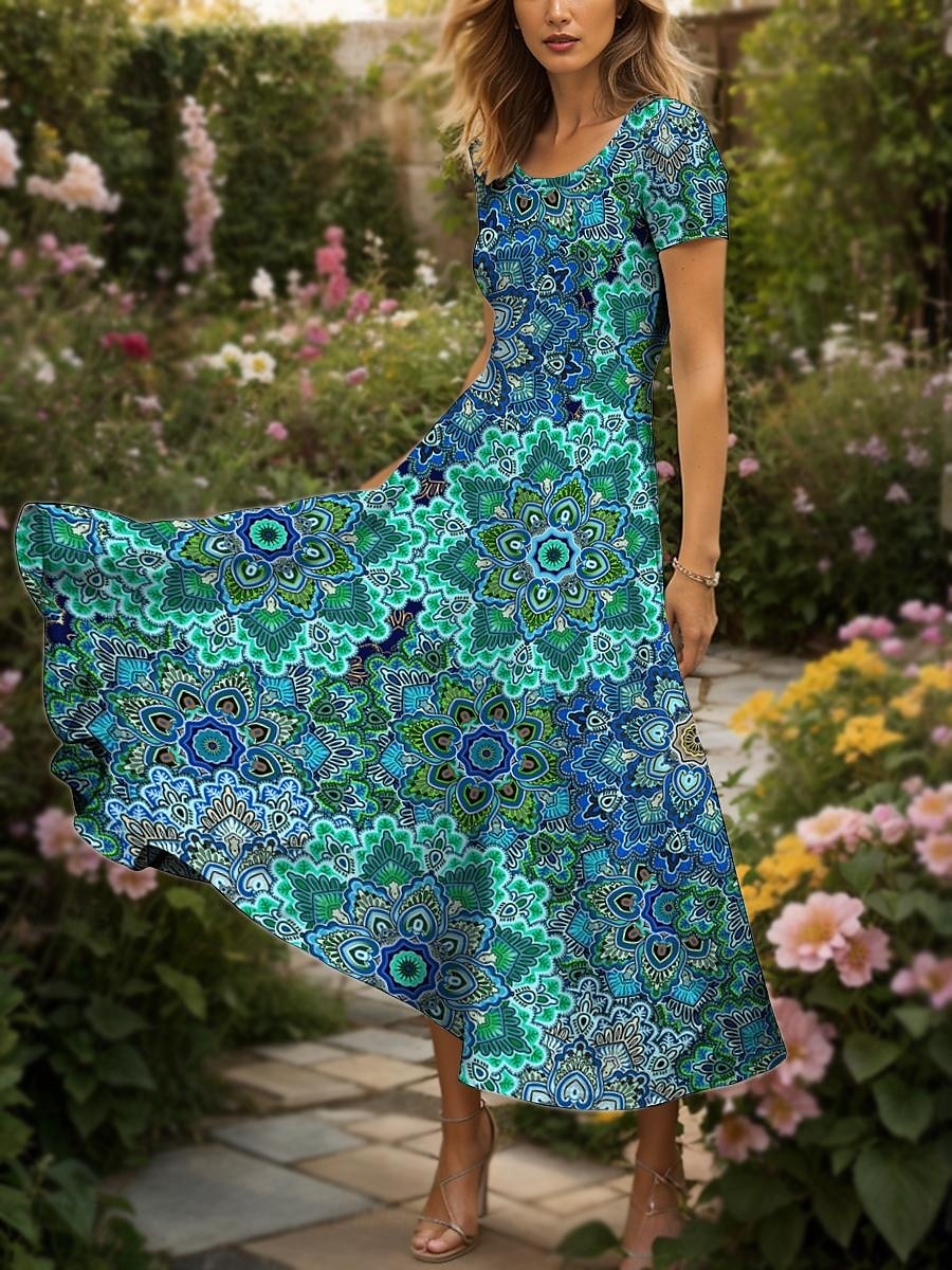Femmes Robe maxi Robe Décontractée Robe trapèze Robe d'été Vacances ancien Ethnique Coupe régulière Graphique Géométrique Motif cachemire damassé bohème Manche Courte Col carré Rouge Bleu Ét de 2025 ? $30.99 –P4