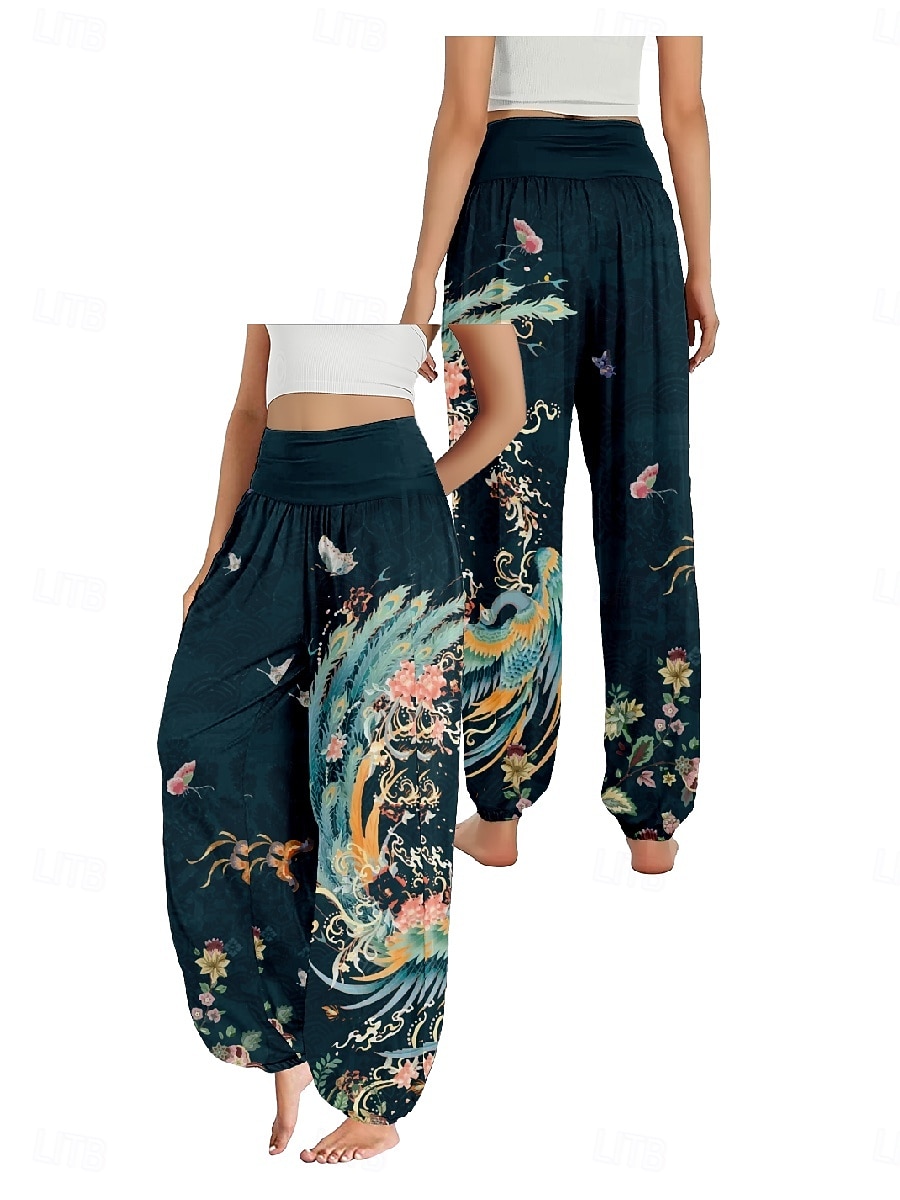 Dam Linneinspirerade byxor Brett skaft Byxor Etnisk Stil Ledigt Boho Fullängd Hög midja Blommig Ficka Elastisk midja Tryck Mateial som andas Mjuk Microelastisk Utomhus Yoga Röd Blå Grön Sommar Normal 2025 - $21.99 –P9