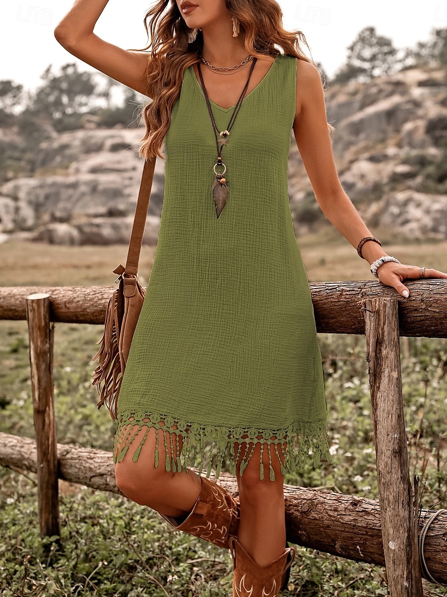 Robe mini femme robe d'été en couleur unie décontractée quotidienne ajustement régulier graphique sans manches col rond vert armée bleu marine marron été de 2025 ? $34.99 –P5