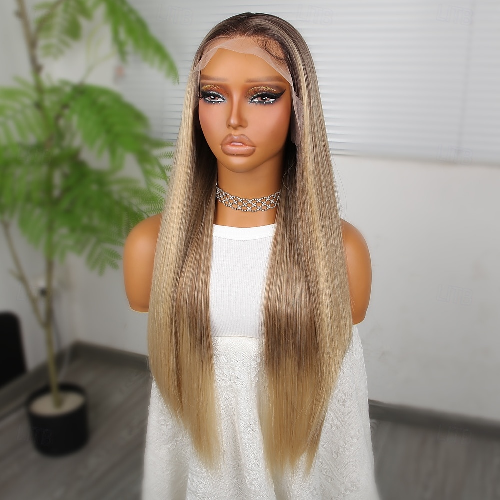Perruque en dentelle synthétique Lisse Style 26 pouce Couleur mixte Raie au milieu dentelle frontale 13x4 Perruque Femmes Perruque A3 de 2025 ? $62.99 –P3