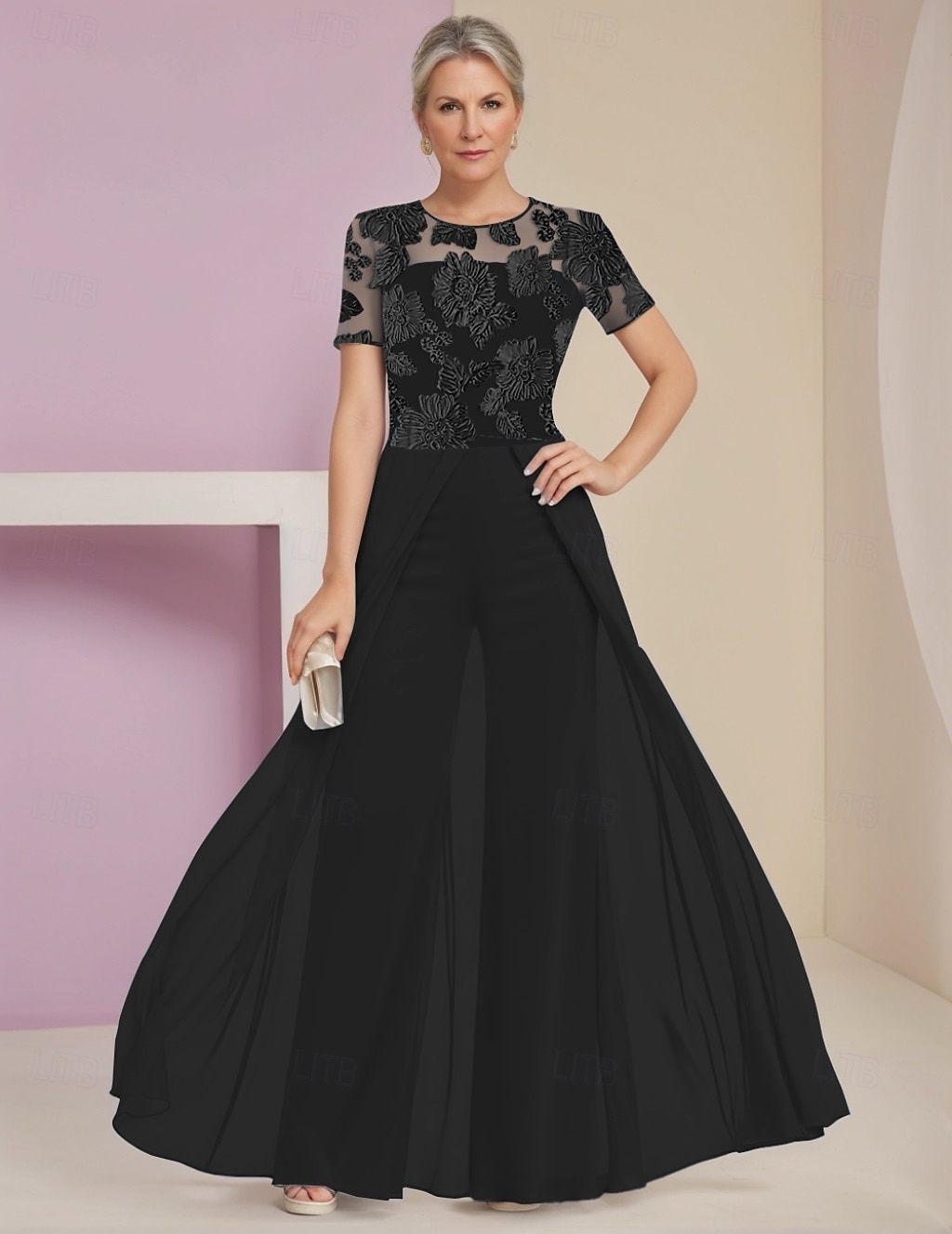 Blue Jumpsuit / Pantsuit Satin Floral Lace Mother of the Bride Pantsuit Elegant Simple Minimalist Crew Neck Floor Length Chiffon Lace Short Sleeve 2025 - $148.99 –P5