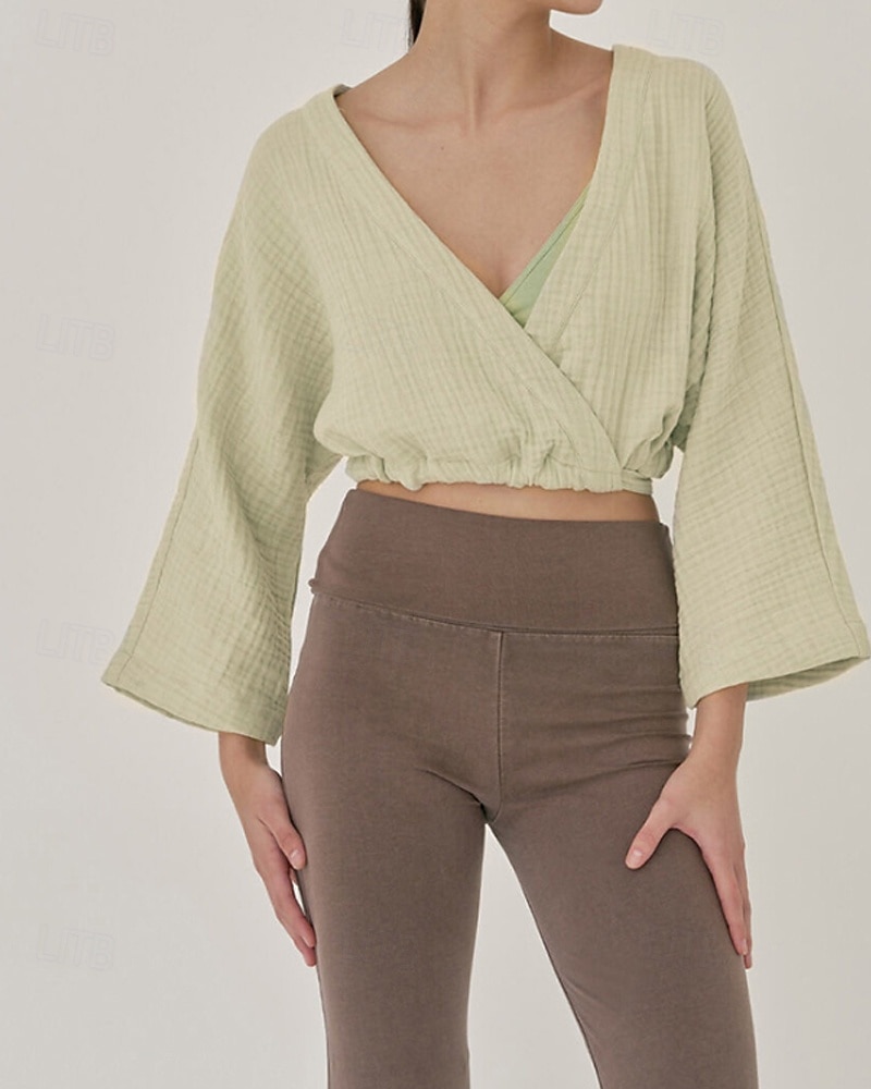 Dame Linskjorte Bluse عادي Fritid Langermet V-hals Crop Tops Daglig Ut på byen knyte foran Hvit Gul Brun Sommer 2025 - $36.99 –P2