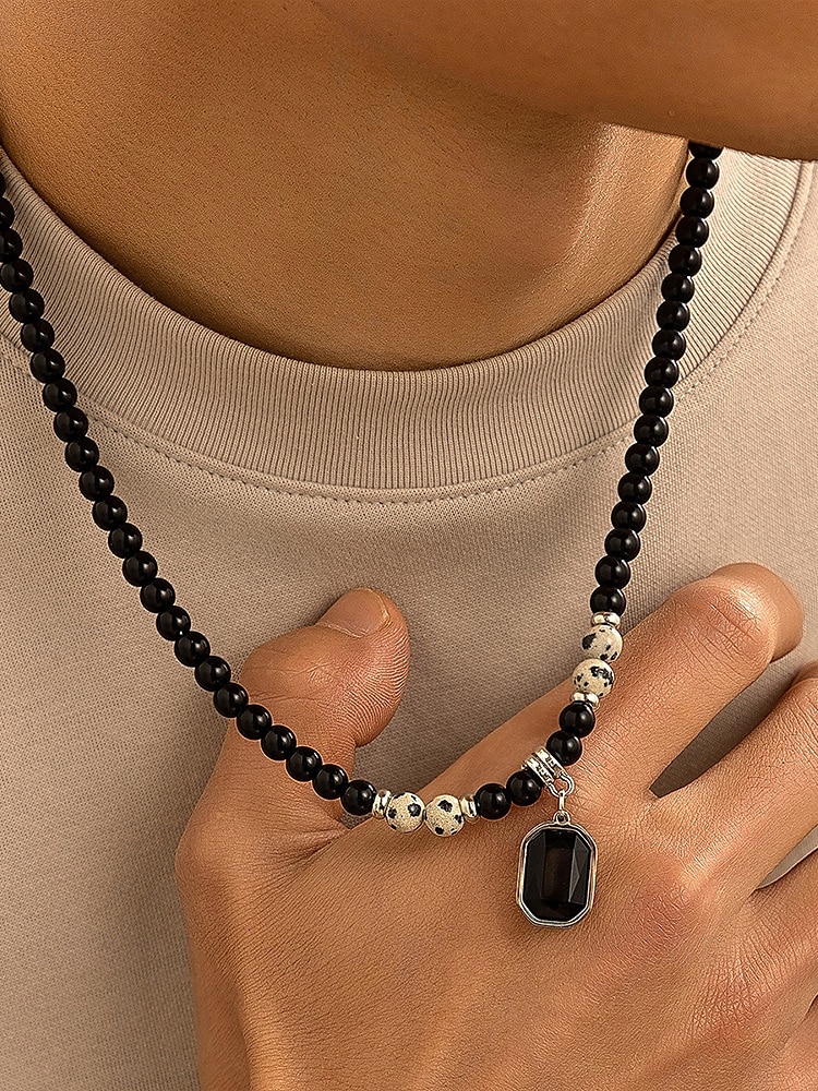 Men's Black Onyx Beaded Necklace with Tiger Eye Accents and Silver Pendant – Stylish Gift for Casual and Formal Occasions 2025 - $9.99 –P7