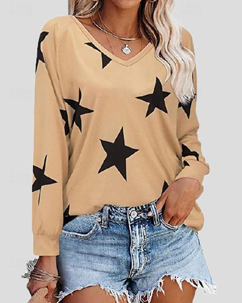 Femmes Chemises en coton et lin Chemisier Etoile Moderne Occasionnel manche longue Col en V Hauts Réguliers Quotidien Fête Imprimé Noir Jaune bleu marine Été de 2025 ? $22.99 –P3
