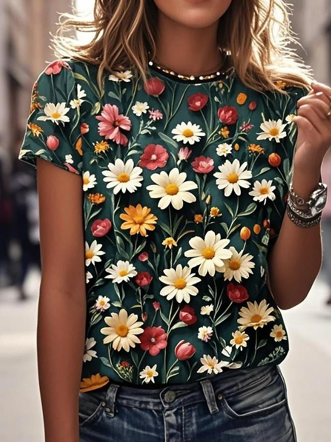 Dame T skjorte Blomstret Grafisk Planter Årgang Stilfull Klassisk Kortermet Crew-hals Rund hals Vanlige topper Daglig Helg Ferieklær Trykt mønster Hvit Blå Lilla Grønn Sommer 2025 - $19.99 –P4
