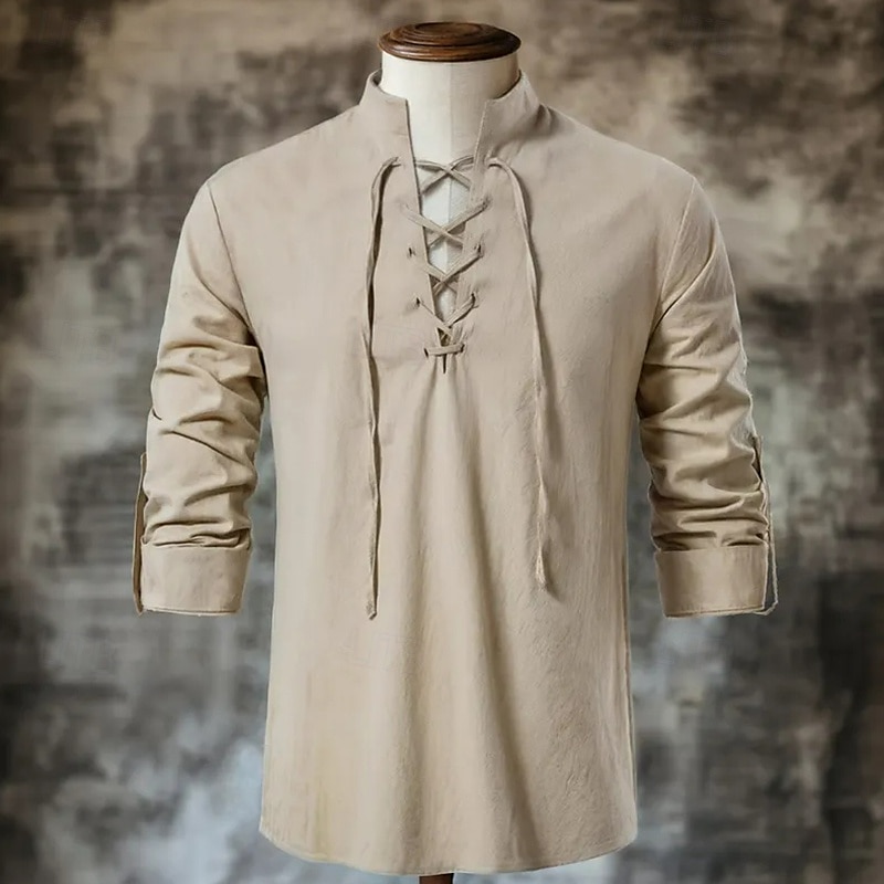 Per uomo Camicia Camicia di lino Stile vichingo Camicia Estiva Abbigliamento da spiaggia Camicia pirata Tinta unica Vacanza Streetwear Nero Blu marino Cachi Manica Lunga Collo alla coreana Estate del 2025 a $21.99 –P2