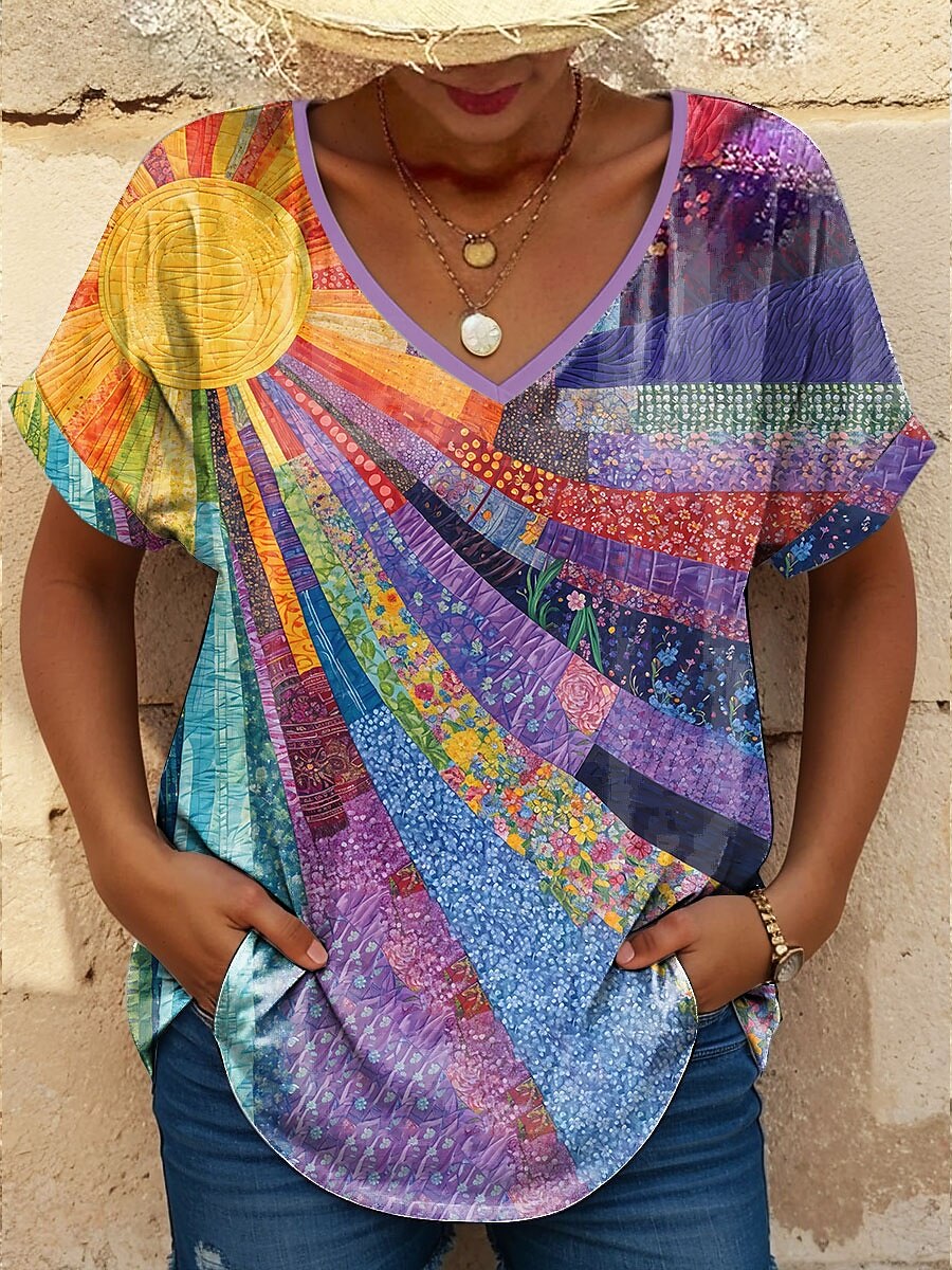 Femmes T-shirt Fleuri Graphique Élégant Occasionnel Manche Courte Col en V Hauts Réguliers Quotidien Imprimé Violet Été de 2025 ? $19.99 –P1