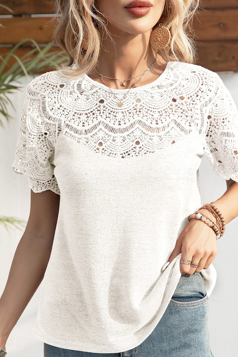 Femmes Chemisier Hauts en dentelle Uni Occasionnel Manche Courte Col ras du cou Hauts Réguliers Quotidien Fête Sortir Dentelle Noir Blanche Violet Été de 2025 ? $21.99 –P1