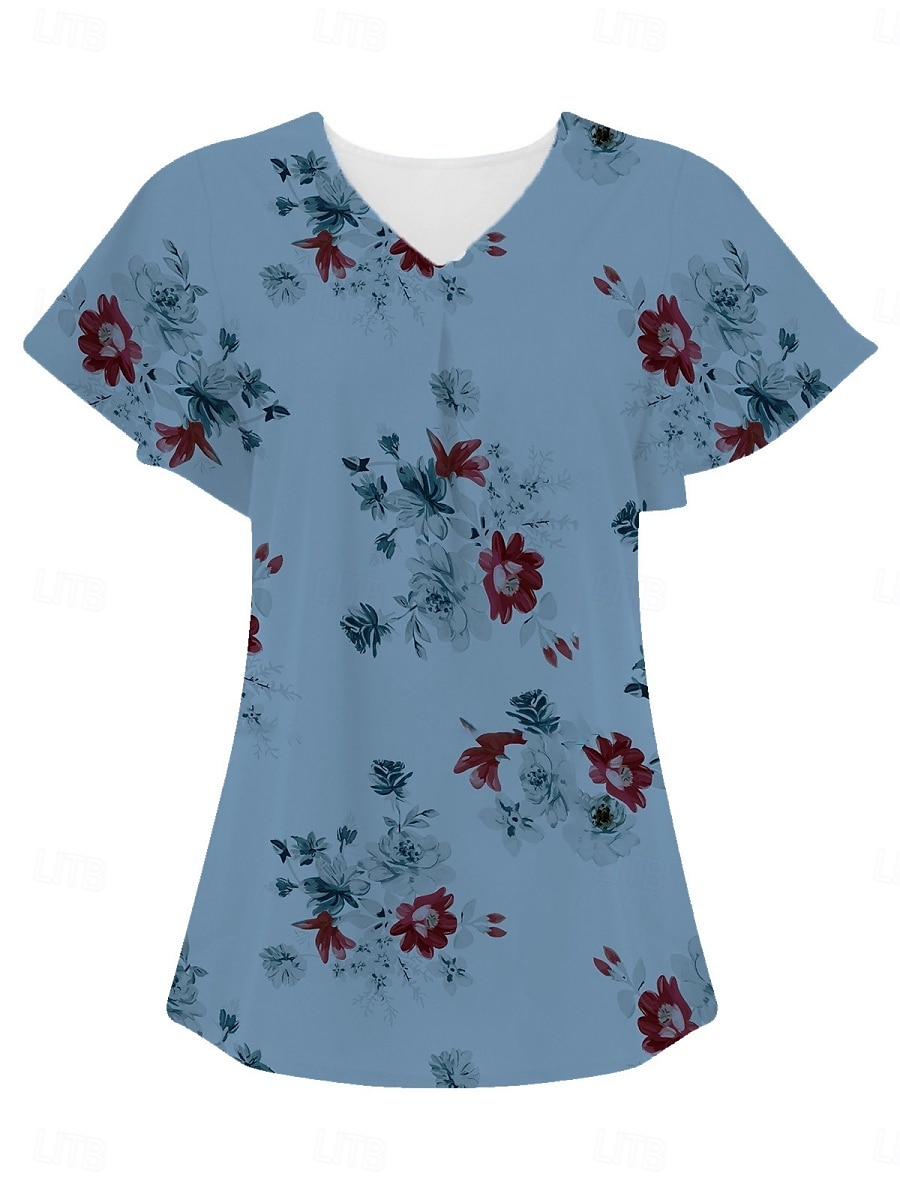 Blouses d'été pour femmes tops floraux stylés décontractés manches courtes col en V tops réguliers quotidien imprimé blanc bleu gris bleu clair été printemps de 2025 ? $15.99 –P4