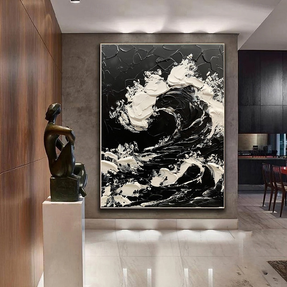 Peinture à l'huile faite à la main sur toile, décoration murale, couteau à palette 3D, paysage abstrait de vagues océaniques en noir et blanc pour la décoration intérieure, cadre tendu, peinture de 2025 ? $54.99 –P6