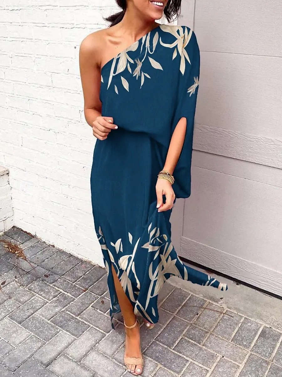 Dam Maxiklänning Off Shoulder Klänning Semester Ledigt Boho Utomhus Strand Lös passning Grafisk Löv 3/4 ärm Enaxlad Svart Vit Blå Kaki Sommar 2025 - $26.99 –P5