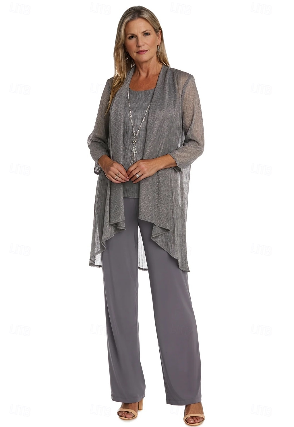 Completo pantalone 3 pezzi per la madre della sposa, elegante, con scollo rotondo, lunghezza pavimento, in chiffon, maniche lunghe, con volant a cascata in pizzo, arricciato, 2025 del 2025 a $148.99 –P5