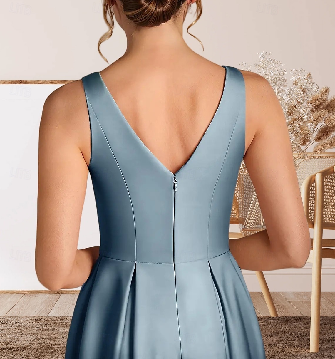 Robe cocktail A-Line élégante robe de retour à la maison cocktail party longueur thé sans manches col rond satin avec plis de 2025 ? $162.99 –P5