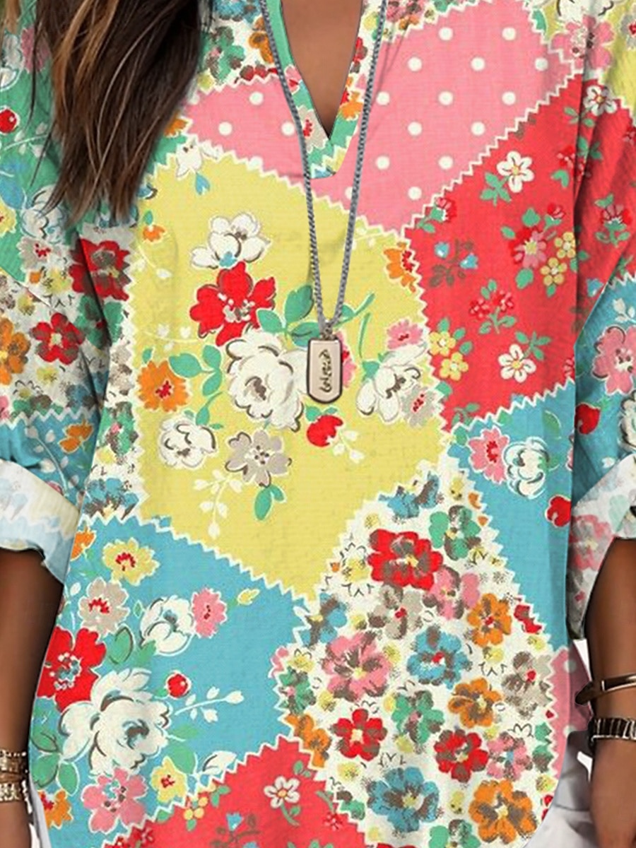 Dame Bluse Blomstret Grafisk Årgang Hawaiisk Langermet V-hals Vanlige topper Daglig Ferie Ferieklær Trykt mønster Regnbue Sommer Vår 2025 - $24.99 –P3