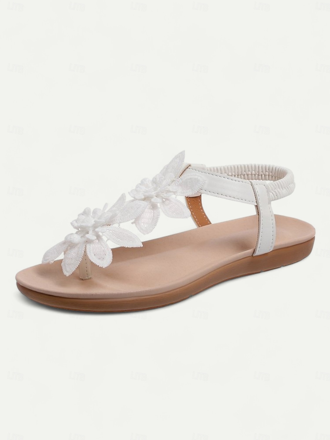 weiße, flache Sandalen mit Blumenmuster für Damen – Spitzenblumendesign mit elastischem Riemen an der Rückseite für Sommerhochzeiten am Strand und lässige Tagesoutfits 2025 - $24.99 –P5