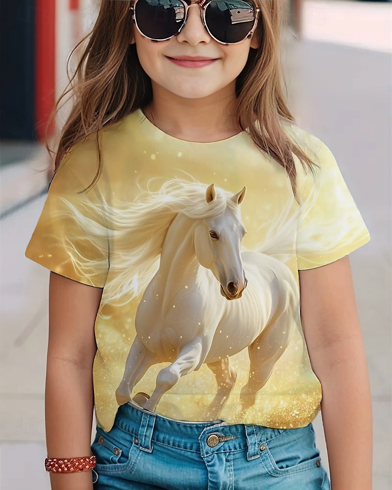 Mädchen 3D Pferd T-Shirt Kurzarm Sommer Frühling Mode Basic Kinder 4-12 Jahre Rundhalsausschnitt Outdoor Lässig Täglich Normale Passform 2025 - $11.99 –P1