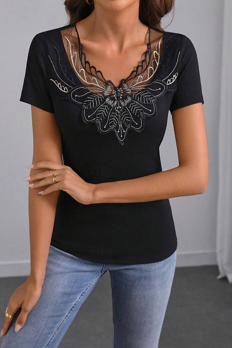 Dame Boho skjorte Bluse Blomsternål i krystall Moderne Fritid Kortermet V-hals Vanlige topper Daglig Ferie Ut på byen Lapper Broderi Svart Sommer 2025 - $19.49 –P5