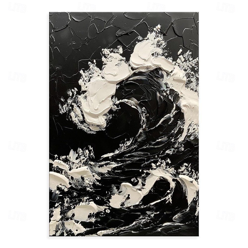 Peinture à l'huile faite à la main sur toile, décoration murale, couteau à palette 3D, paysage abstrait de vagues océaniques en noir et blanc pour la décoration intérieure, cadre tendu, peinture de 2025 ? $54.99 –P4