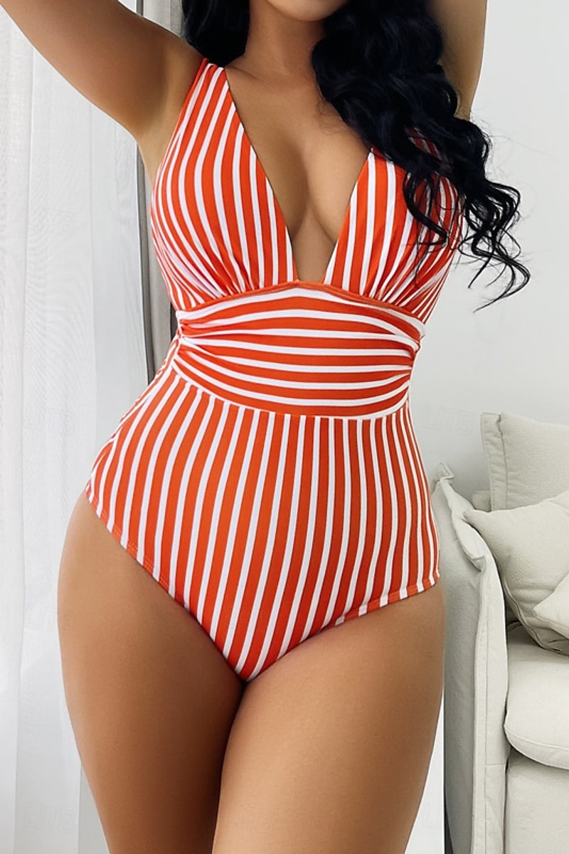Femmes Maillots de Bain Une Pièce Maillot de bain Dos nu Tropical Tenues de plage Rayé Fil en V Sans manches Maillots de bain de 2025 ? $21.99 –P5