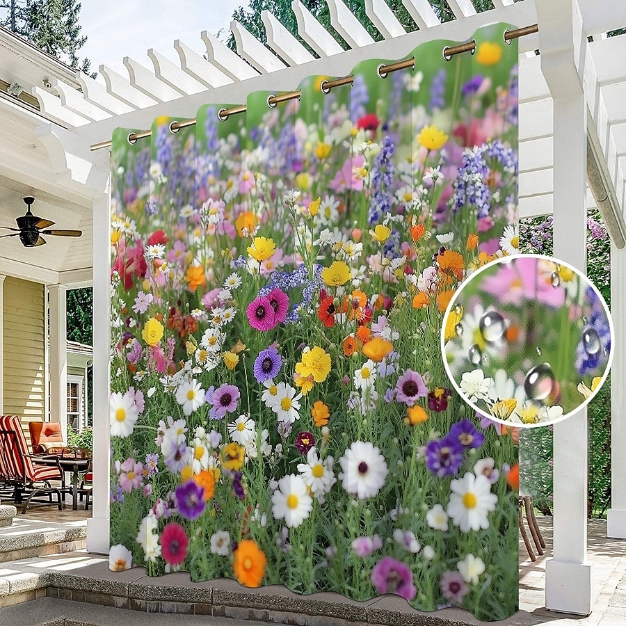 Vedenpitävä ulkoverho yksityisyys liukuvat patioverhot pergola verhot tarrakoukut 3D kesä kukkamaalaismaisema paviljonkiin parvekkeelle verannalle juhliin 1 paneeli 2025 - $34.99 –P8