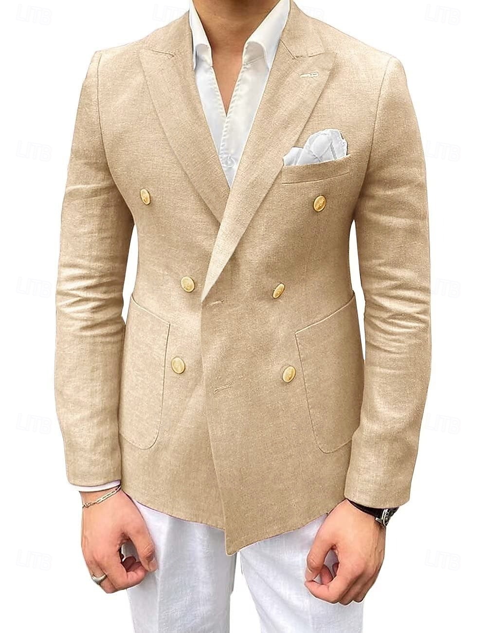 Blazer Masculino de Linho Casuais Moda Verão com Cor Sólida Preto Rosa Caqui Ajuste Sob Medida com Botões Duplos de 2025 por $79.99 –P4
