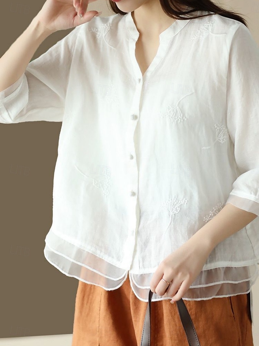 Women's Shirt Solid Color Basic Casual 3/4 Length Sleeve Shirt Collar Regular Tops Daily Mesh Patchwork Buttons White Yellow Pink Purple Summer 2025 - $22.99 –P12