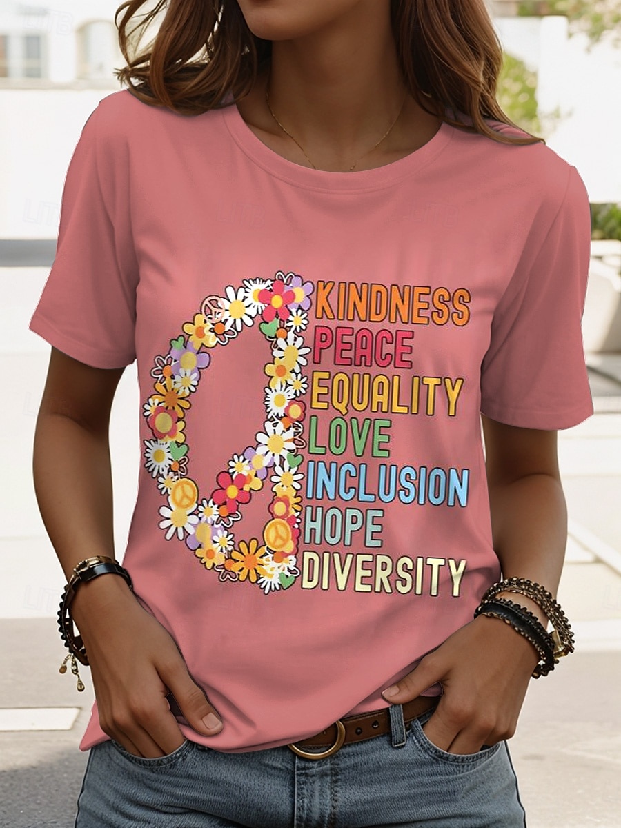 Pentru femei Tricou Grafic Scrisă Stilat Clasic Casual Manșon scurt Stil Nautic Topuri obișnuite Zilnic Imprimeu Negru Alb Roz Îmbujorat Albastru piscină Mov Vară PEACE 2025 - $19.99 –P2