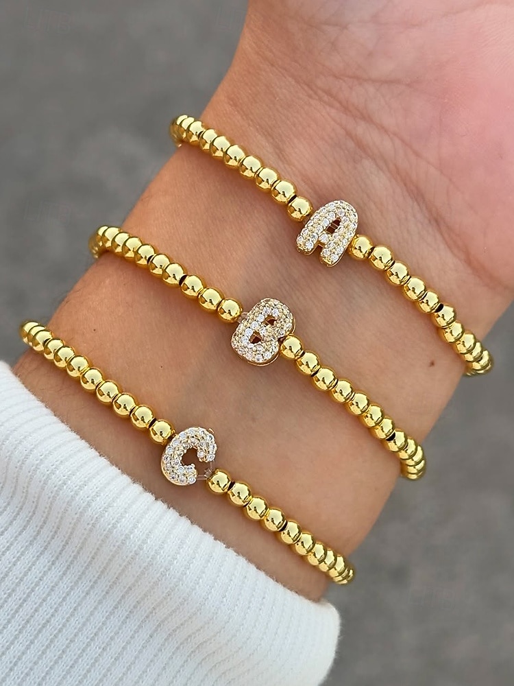 brățară inițială de damă cu margele de aur - bijuterii personalizate cu farmec cu alfabet, design elastic elastic reglabil, stil elegant, potrivită pentru cadouri de absolvire, zile de naștere și purtare zilnică 2025 - $11.99 –P1